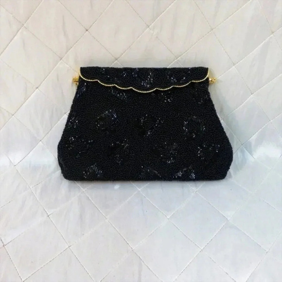 Black Beaded Satin Evening Bag  Vintage 1950s Clutch Hearts Leaf Design Elegant - Picture 1 of 10